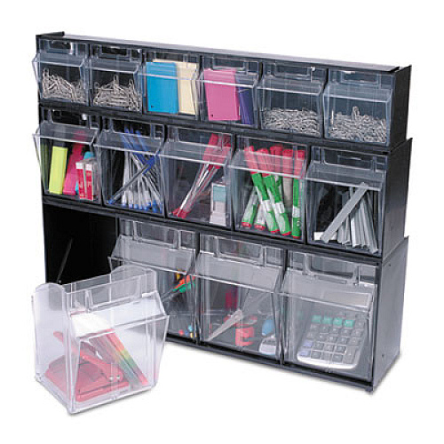deflecto Tilt Bin Interlocking Multi-Bin Storage Organizer, 4 Sections, 23.63" x 6.63" x 8.13", Black/Clear (20404OP)