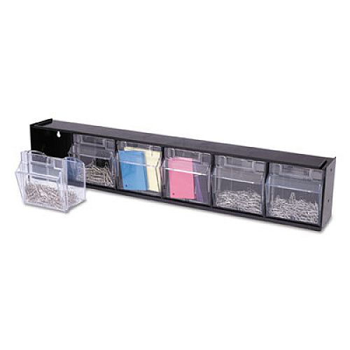 deflecto Tilt Bin Interlocking Multi-Bin Storage Organizer, 6 Sections, 23.63" x 3.63" x 4.5", Black/Clear (20604OP)