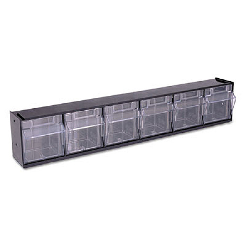 deflecto Tilt Bin Interlocking Multi-Bin Storage Organizer, 6 Sections, 23.63" x 3.63" x 4.5", Black/Clear (20604OP)