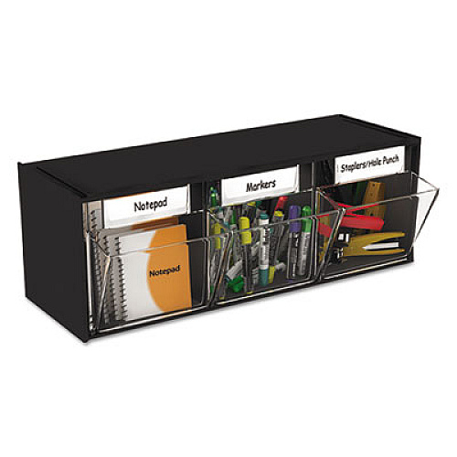 deflecto Tilt Bin Interlocking Multi-Bin Storage Organizer, 3 Sections, 23.63" x 7.75" x 9.5", Black/Clear (20304OP)