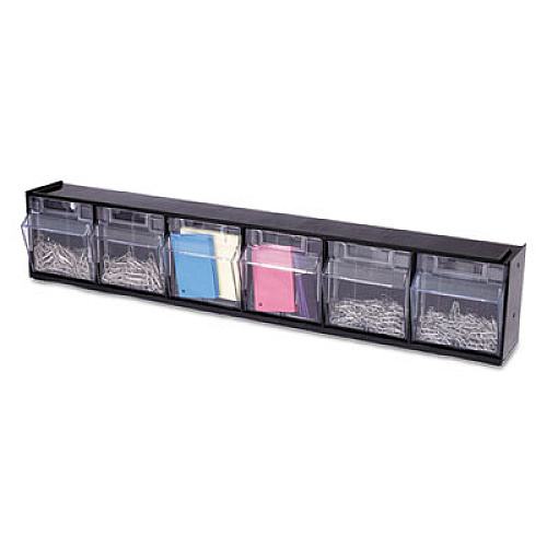 deflecto Tilt Bin Interlocking Multi-Bin Storage Organizer, 6 Sections, 23.63" x 3.63" x 4.5", Black/Clear (20604OP)