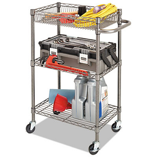 Alera Three-Tier Wire Cart with Basket, 28w x 16d x 39h, Black Anthracite (ALESW342416BA)