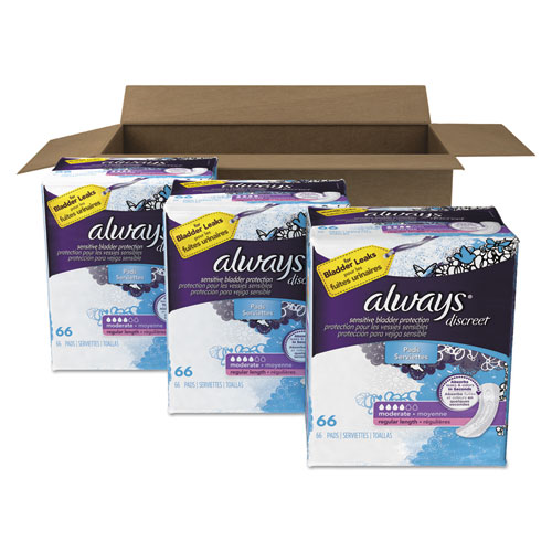 Always DISCREET INCONTINENCE PADS, MODERATE, 66/PACK, 3 PACKS/CARTON (92726)