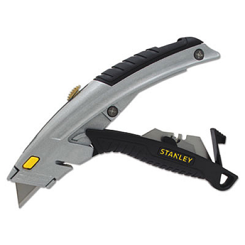 Stanley Curved Quick-Change Utility Knife, Stainless Steel Retractable Blade, 3 Blades, 6.63" Metal Handle, Black/Chrome (10788)