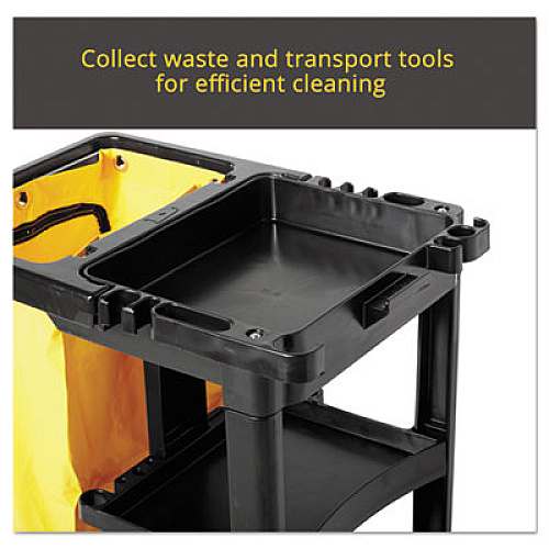 Rubbermaid Commercial Multi-Shelf Cleaning Cart, Plastic, 4 Shelves, 1 Bin, 20" x 45" x 38.25", Black (617388BK)