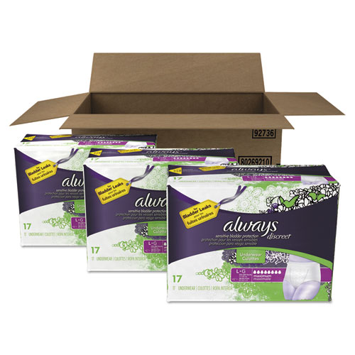 Always DISCREET INCONTINENCE UNDERWEAR, LARGE, MAXIMUM ABSORBENCY, 17/PACK, 3 PACKS/CARTON (92736)