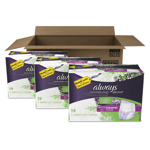 Always DISCREET INCONTINENCE UNDERWEAR, SMALL/MEDIUM, MAXIMUM ABSORBENCY, 19/PACK, 3 PACKS/CARTON (92735)