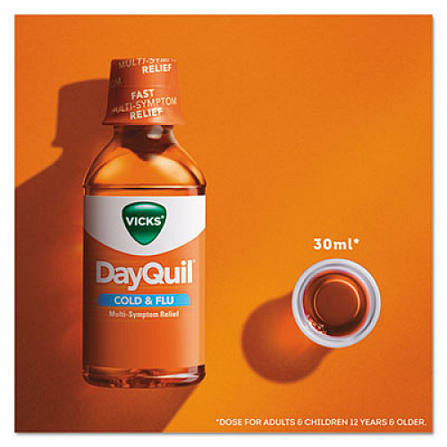 Vicks DayQuil Cold and Flu Liquid, 12 oz Bottle, 12/Carton (01436)