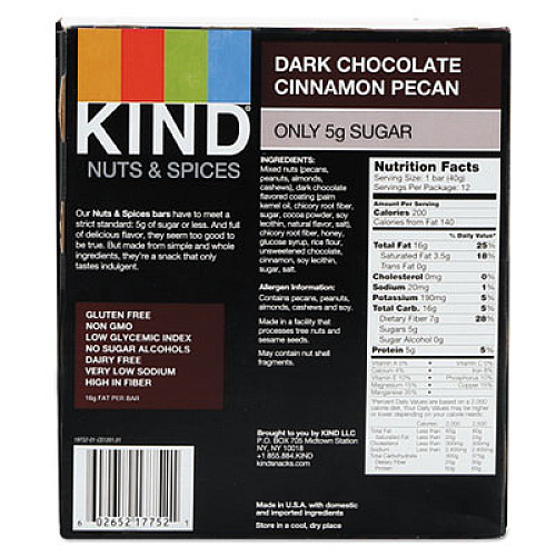 KIND Nuts and Spices Bar, Dark Chocolate Cinnamon Pecan, 1.4 oz, 12/Box (17852)