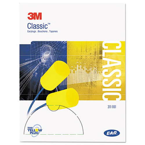 3M E-A-R Classic Earplugs, Corded, PVC Foam, Yellow, 200 Pairs/Box (3111101)
