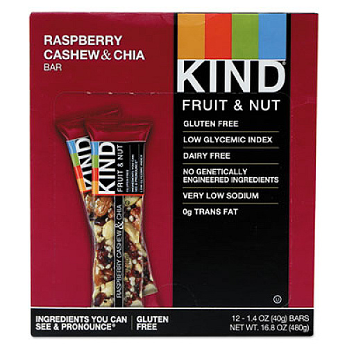 KIND Fruit and Nut Bars, Raspberry Cashew and Chia, 1.4 oz Bar, 12/Box (19989)