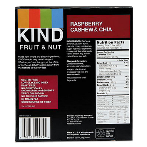 KIND Fruit and Nut Bars, Raspberry Cashew and Chia, 1.4 oz Bar, 12/Box (19989)