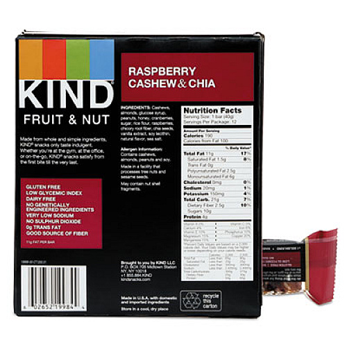 KIND Fruit and Nut Bars, Raspberry Cashew and Chia, 1.4 oz Bar, 12/Box (19989)