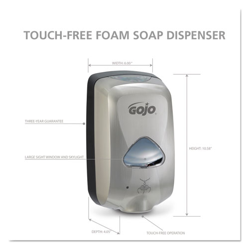 GOJO TFX TOUCH-FREE AUTOMATIC FOAM SOAP DISPENSER, 1,200 ML, 6.4" X 4.3" X 10.5", NICKEL (278912)