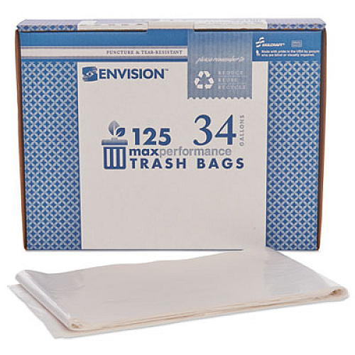 AbilityOne 8105011506256, SKILCRAFT Maximum Performance Trash Can Liner, 34 gal, 1.25 mil, 32" x 44", Clear, 125/Box