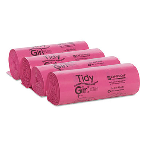 Tidy Girl Feminine Hygiene Sanitary Disposal Bags, 4" x 4" x 10", Pink/Black, 150 Bags/Roll, 4 Rolls/Carton (TGUF)