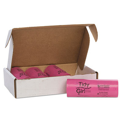 Tidy Girl Feminine Hygiene Sanitary Disposal Bags, 4" x 4" x 10", Pink/Black, 150 Bags/Roll, 4 Rolls/Carton (TGUF)