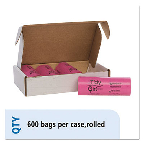 Tidy Girl Feminine Hygiene Sanitary Disposal Bags, 4" x 4" x 10", Pink/Black, 150 Bags/Roll, 4 Rolls/Carton (TGUF)