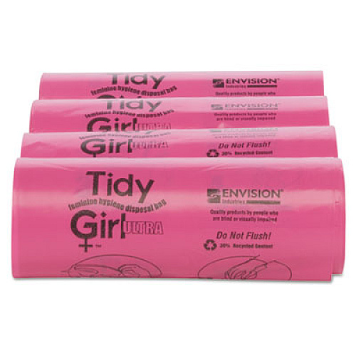 Tidy Girl Feminine Hygiene Sanitary Disposal Bags, 4" x 4" x 10", Pink/Black, 150 Bags/Roll, 4 Rolls/Carton (TGUF)