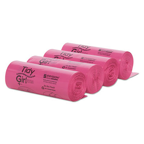 Tidy Girl Feminine Hygiene Sanitary Disposal Bags, 4" x 4" x 10", Pink/Black, 150 Bags/Roll, 4 Rolls/Carton (TGUF)