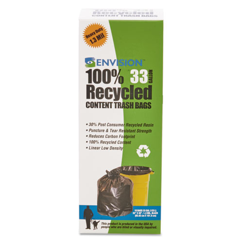 Stout by Envision TOTAL RECYCLED CONTENT PLASTIC TRASH BAGS, 33 GAL, 1.3 MIL, 33" X 40", BROWN/BLACK, 180/CARTON (T3340K13R)