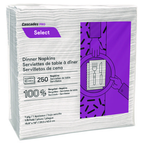 Cascades PRO Select Dinner Napkins, 1-Ply, 16 x 15, White, 250/Pack, 12/Carton (N050)