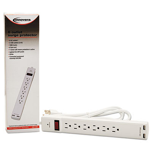 Innovera Surge Protector, 6 Outlets/2 USB Charging Ports, 6 ft Cord, 1080 Joules, White (IVR71660)
