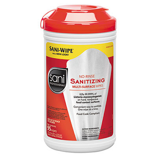 Sani Professional No-Rinse Sanitizing Multi-Surface Wipes, Unscented, White, 95/Container, 6/Carton (P56784)
