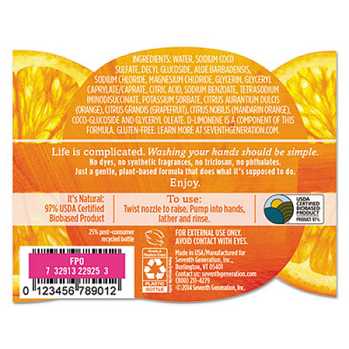 Seventh Generation Natural Hand Wash, Mandarin Orange and Grapefruit Scent, 12 oz, 8/Carton (22925CT)