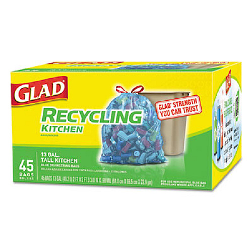 Glad Tall Kitchen Blue Recycling Bags, 13 gal, 0.9 mil, 27.38" x 24", Translucent Blue, 45/Box (78542BX)