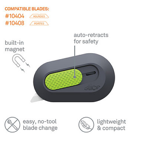slice Mini Cutters, Replaceable Double-Sided 1.29" Ceramic Zirconium Oxide Blade, 2.5" Nylon Handle, Gray/Green (10514)