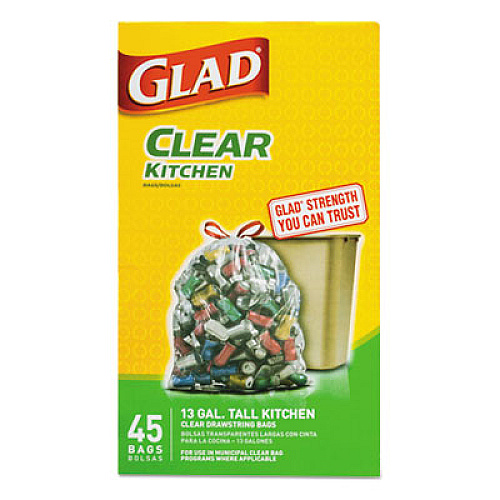 Glad Recycling Tall Kitchen Drawstring Trash Bags, 13 gal, 0.9 mil, 24" x 27.38", Clear, 45/Box (78543)