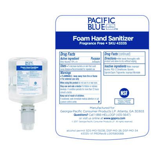 Georgia Pacific Professional Pacific Blue Ultra Foam Hand Sanitizer Refill For Manual Dispensers, 1,000 mL, Fragrance-Free, 4/Carton (43335)