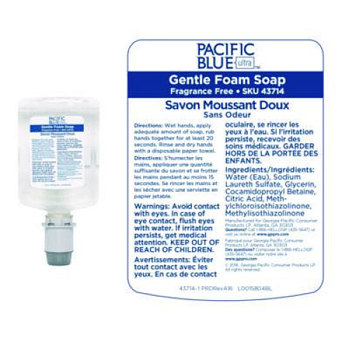 Georgia Pacific Professional Pacific Blue Ultra Foam Soap Manual Dispenser Refill, Fragrance-Free, 1,200 mL, 4/Carton (43714)