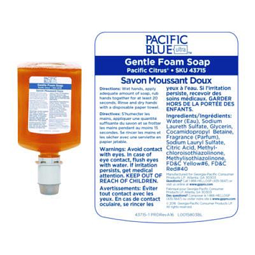 Georgia Pacific Professional Pacific Blue Ultra Foam Soap Manual Dispenser Refill, Pacific Citrus Scent, 1,200 mL, 4/Carton (43715)