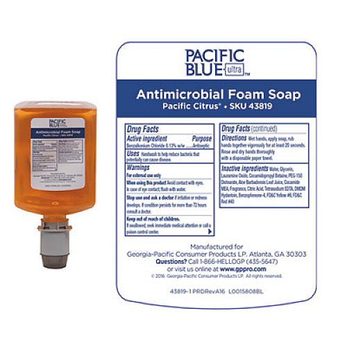 Georgia Pacific Professional Pacific Blue Ultra Foam Soap Manual Dispenser Refill, Antimicrobial, Pacific Citrus Scent, 1,200 mL, 4/Carton (43819)