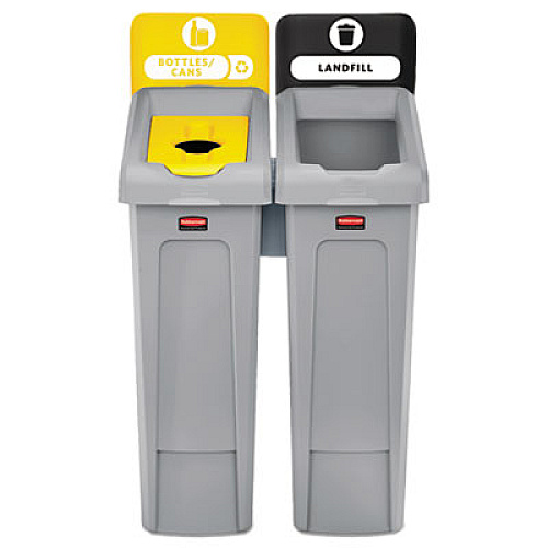 Rubbermaid Commercial Slim Jim Recycling Station Kit, 46 gal, 2-Stream Landfill/Bottles/Cans (2007916)