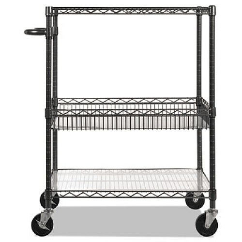 Alera Three-Tier Wire Cart with Basket, 34w x 18d x 40h, Black Anthracite (ALESW543018BA)