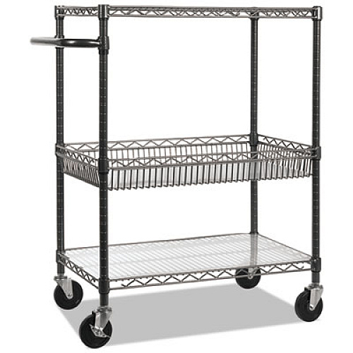 Alera Three-Tier Wire Cart with Basket, 34w x 18d x 40h, Black Anthracite (ALESW543018BA)