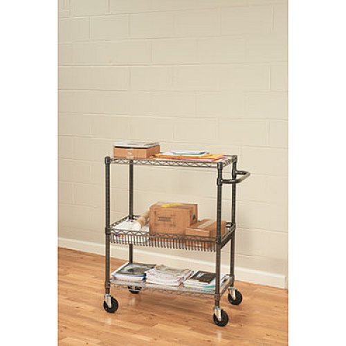 Alera Three-Tier Wire Cart with Basket, 34w x 18d x 40h, Black Anthracite (ALESW543018BA)