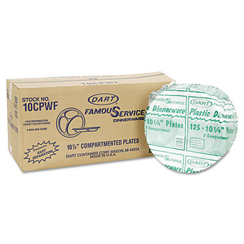 Dart Famous Service Plastic Dinnerware, Plate, 3-Compartment, 10.25" dia, White, 125/Pack, 4 Packs/Carton (10CPWF)