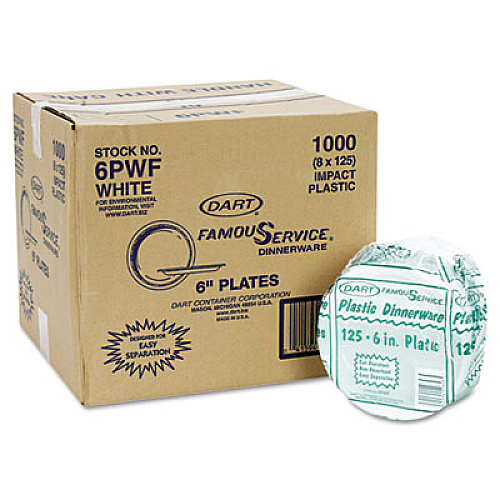 Dart Famous Service Plastic Dinnerware, Plate, 6" dia, White, 125/Pack, 8 Packs/Carton (6PWF)