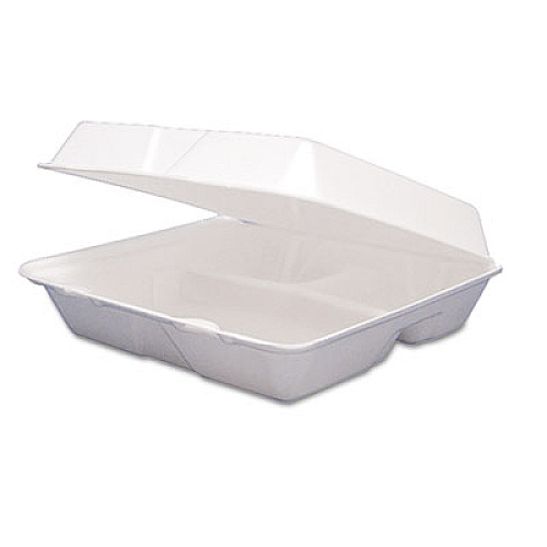 Dart Foam Hinged Lid Containers, 3 Compartments, 9.25 x 9.5 x 3, White, 100/Sleeve, 2 Sleeves/Carton (95HT3R)