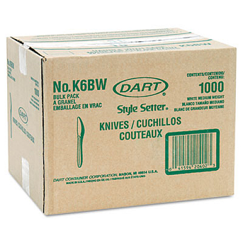 Dart Style Setter Mediumweight Plastic Knives, White, 1000/Carton (K6BW)