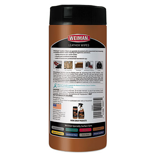 WEIMAN Leather Wipes, 1-Ply, 7 x 8, White, 30/Canister (91)