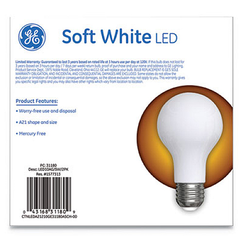 GE Classic LED Soft White Non-Dim A21, 10 W, 2/Pack (31180)