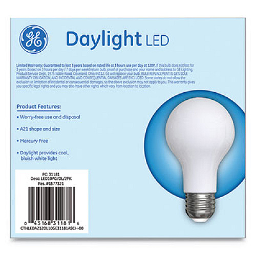 GE LED Classic Daylight A21 Light Bulb, 10 W, 2/Pack (31181)