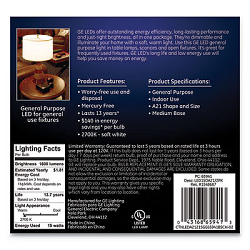 GE LED SOFT WHITE A21 DIMMABLE LIGHT BULB, 15 W, 2/PACK (65941)