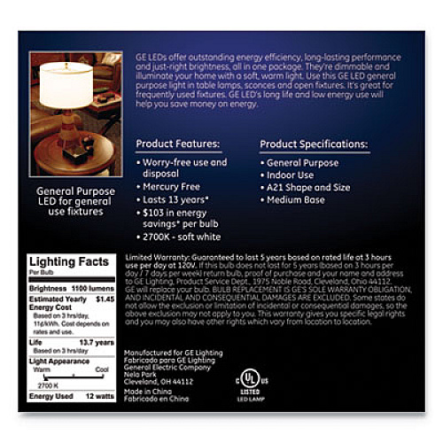 GE LED SOFT WHITE A21 DIMMABLE LIGHT BULB, 12 W, 2/PACK (65943)