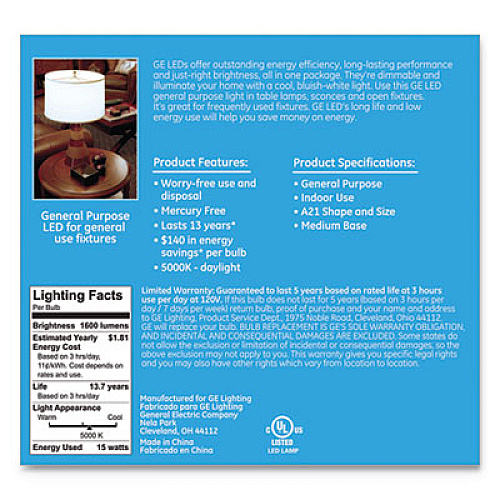 GE LED DAYLIGHT A21 DIMMABLE LIGHT BULB, 15 W, 2/PACK (66133)